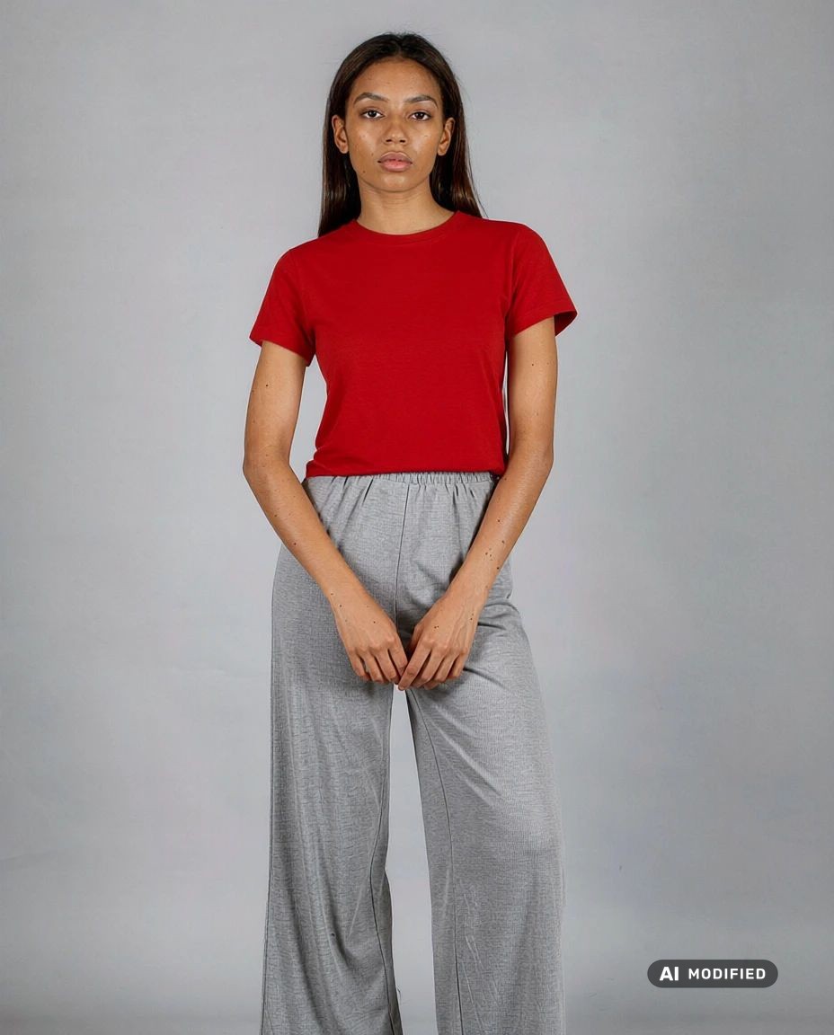 AI try-on result: red t-shirt